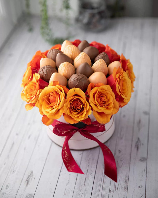 Sunset Open Roses and Classic Belgian Chocolate Covered Strawberries - ROUND BOXES