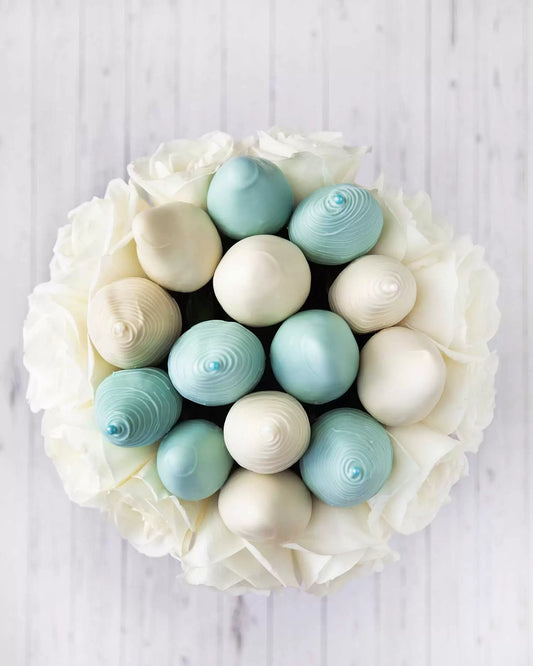 Blue Open Roses and Classic Belgian Chocolate Covered Strawberries - ROUND BOXES