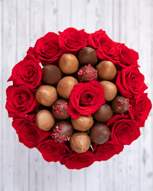 Red Open Roses and Classic Belgian Chocolate Covered Strawberries - ROUND BOXES