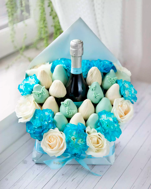 Blue Belgian chocolate-covered strawberry bouquets and a bottle of exclusive