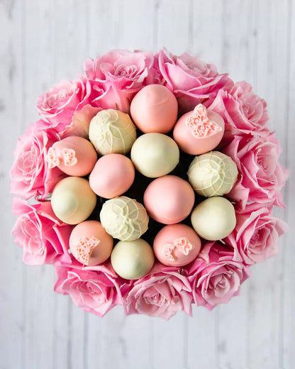 Elegant Pink Open Roses and Pink Drizzle Chocolate Covered Strawberries Chocolate - ROUND BOXES