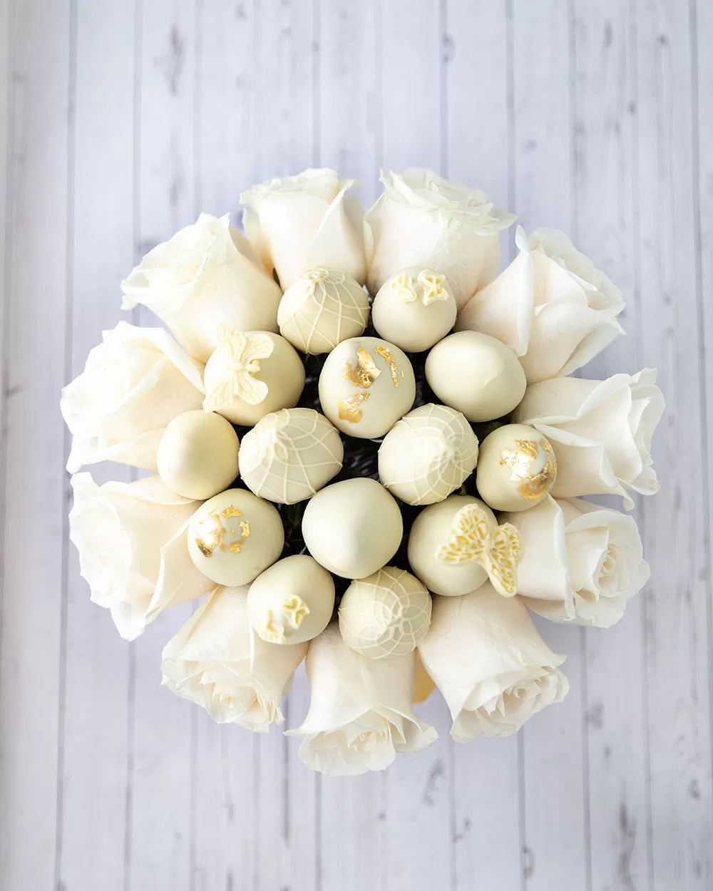 Gold White Open Roses and Classic Belgian White Chocolate Covered Strawberries - ROUND BOXES