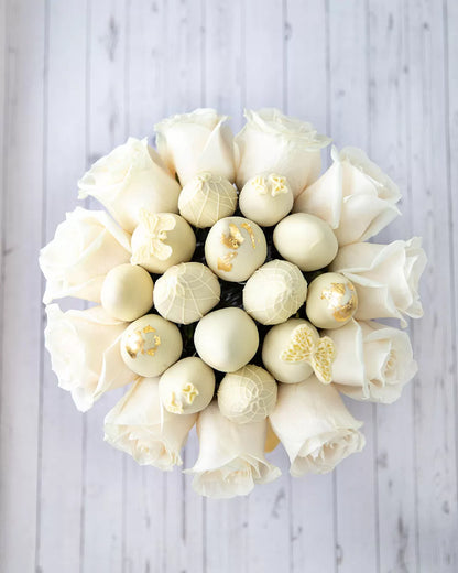 Gold White Open Roses and Classic Belgian White Chocolate Covered Strawberries - ROUND BOXES