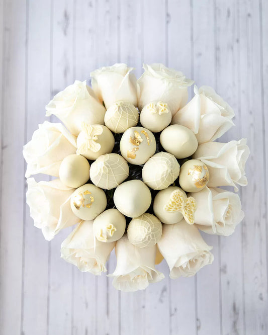 Gold White Open Roses and Classic Belgian White Chocolate Covered Strawberries - ROUND BOXES