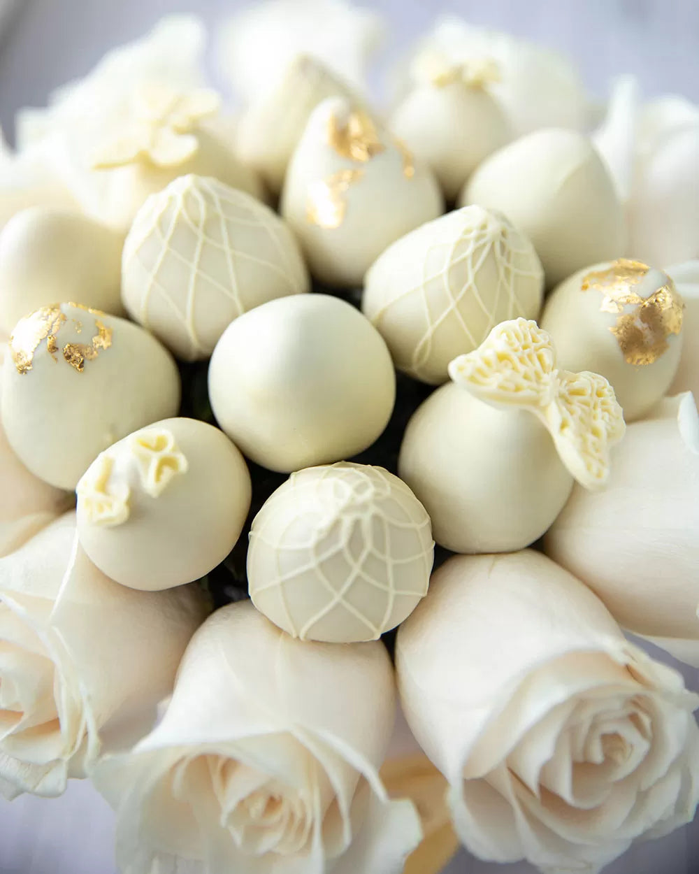 Gold White Open Roses and Classic Belgian White Chocolate Covered Strawberries - ROUND BOXES