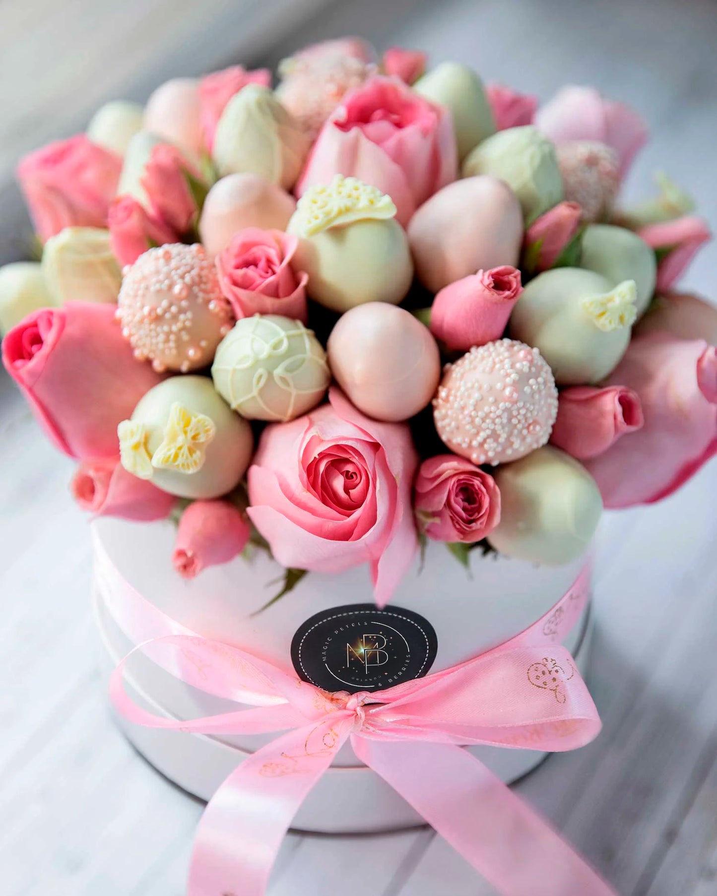 Elegant  Pink Roses and Pink Drizzle Chocolate Covered Strawberries Chocolate - ROUND BOXES