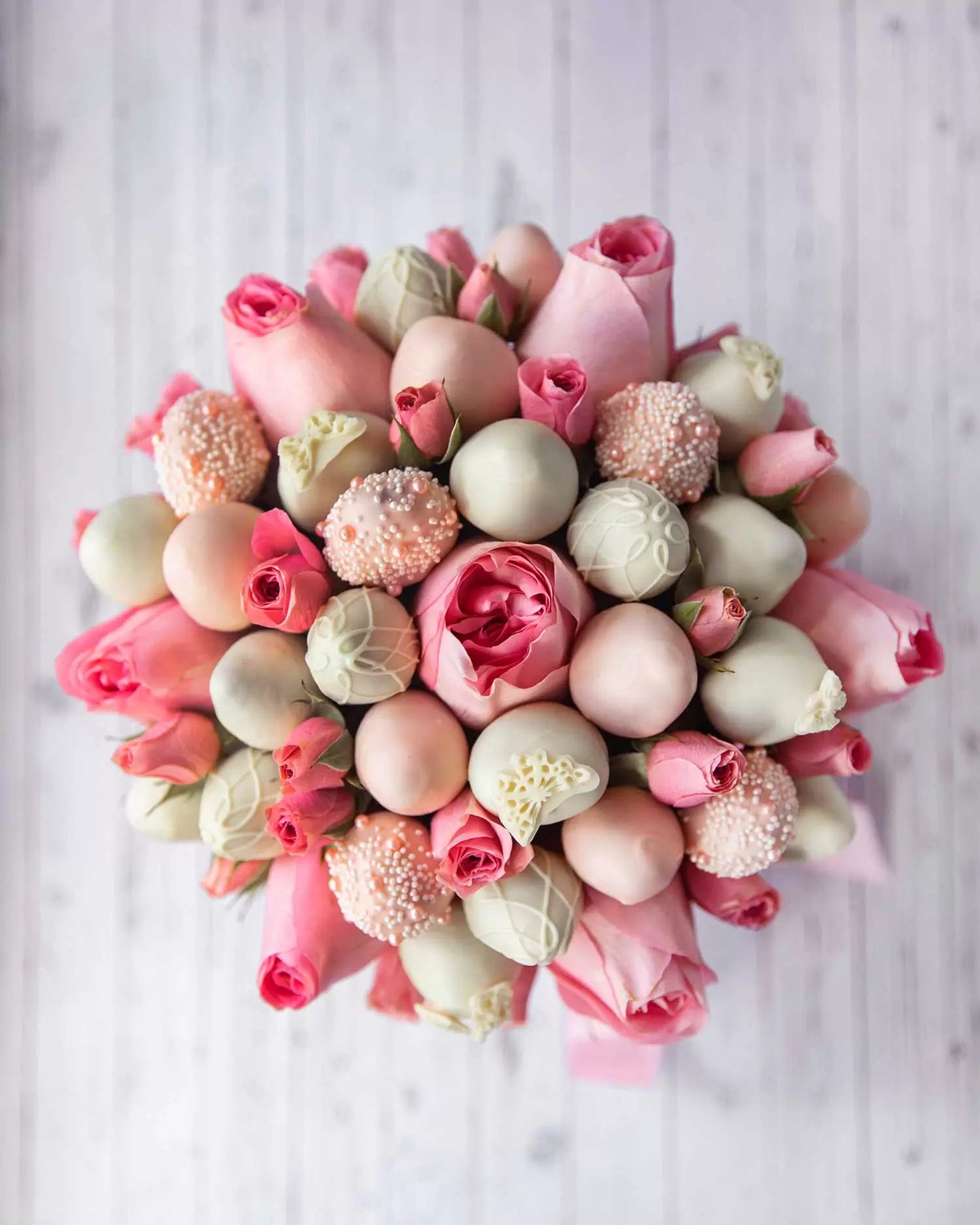 Elegant  Pink Roses and Pink Drizzle Chocolate Covered Strawberries Chocolate - ROUND BOXES