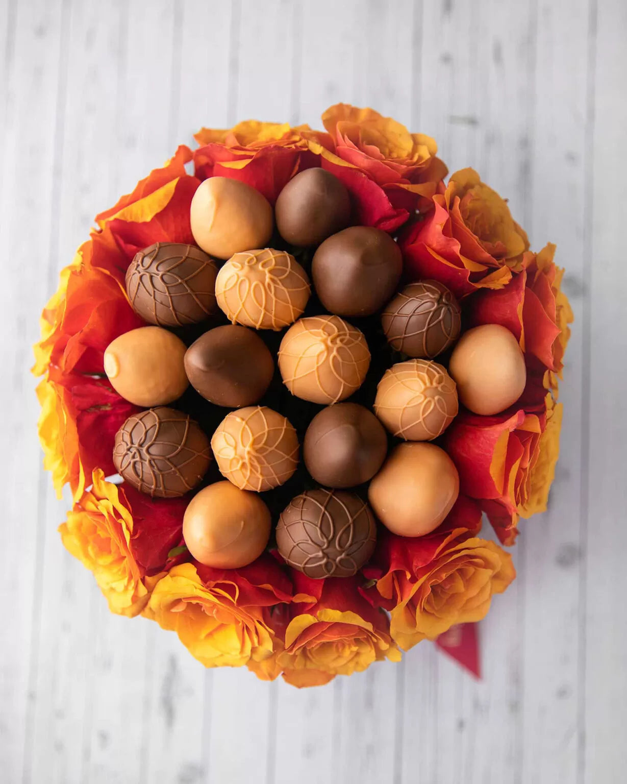 Sunset Open Roses and Classic Belgian Chocolate Covered Strawberries - ROUND BOXES