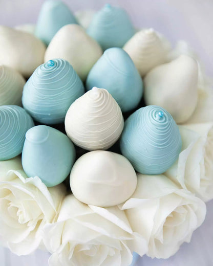 Blue Open Roses and Classic Belgian Chocolate Covered Strawberries - ROUND BOXES