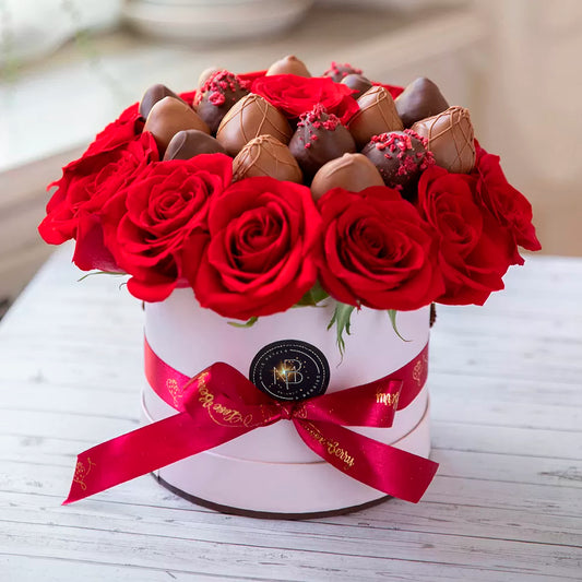 Red Open Roses and Classic Belgian Chocolate Covered Strawberries - ROUND BOXES
