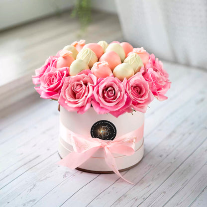 Elegant Pink Open Roses and Pink Drizzle Chocolate Covered Strawberries Chocolate - ROUND BOXES