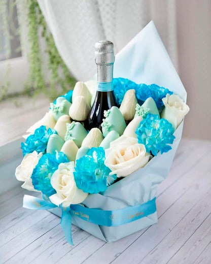 Blue Belgian chocolate-covered strawberry bouquets and a bottle of exclusive