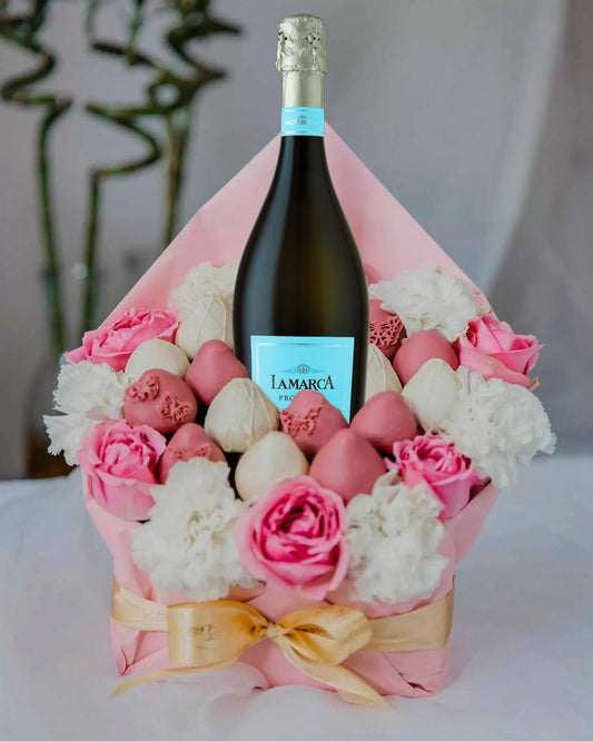 Pink Belgian chocolate-covered strawberry bouquets and a bottle of exclusive