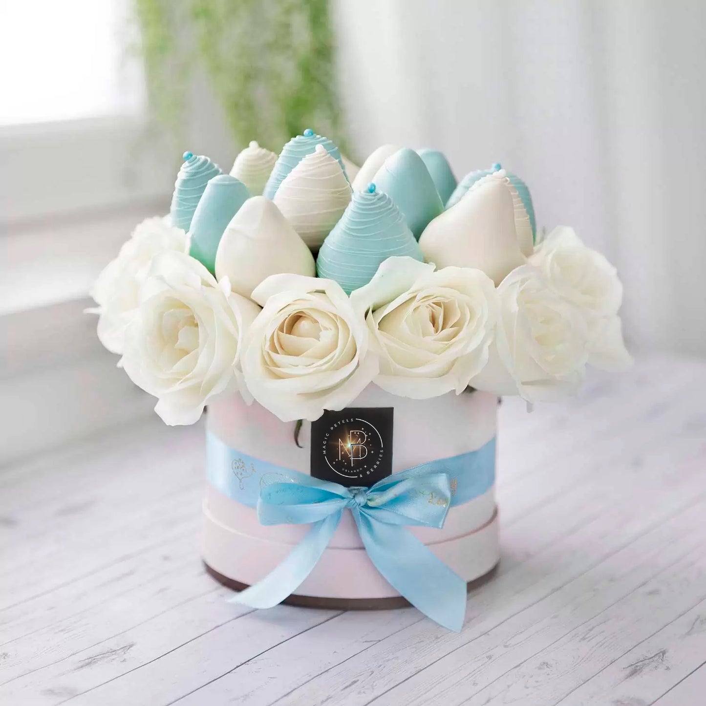 Blue Open Roses and Classic Belgian Chocolate Covered Strawberries - ROUND BOXES