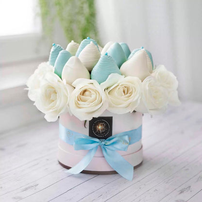 Blue Open Roses and Classic Belgian Chocolate Covered Strawberries - ROUND BOXES