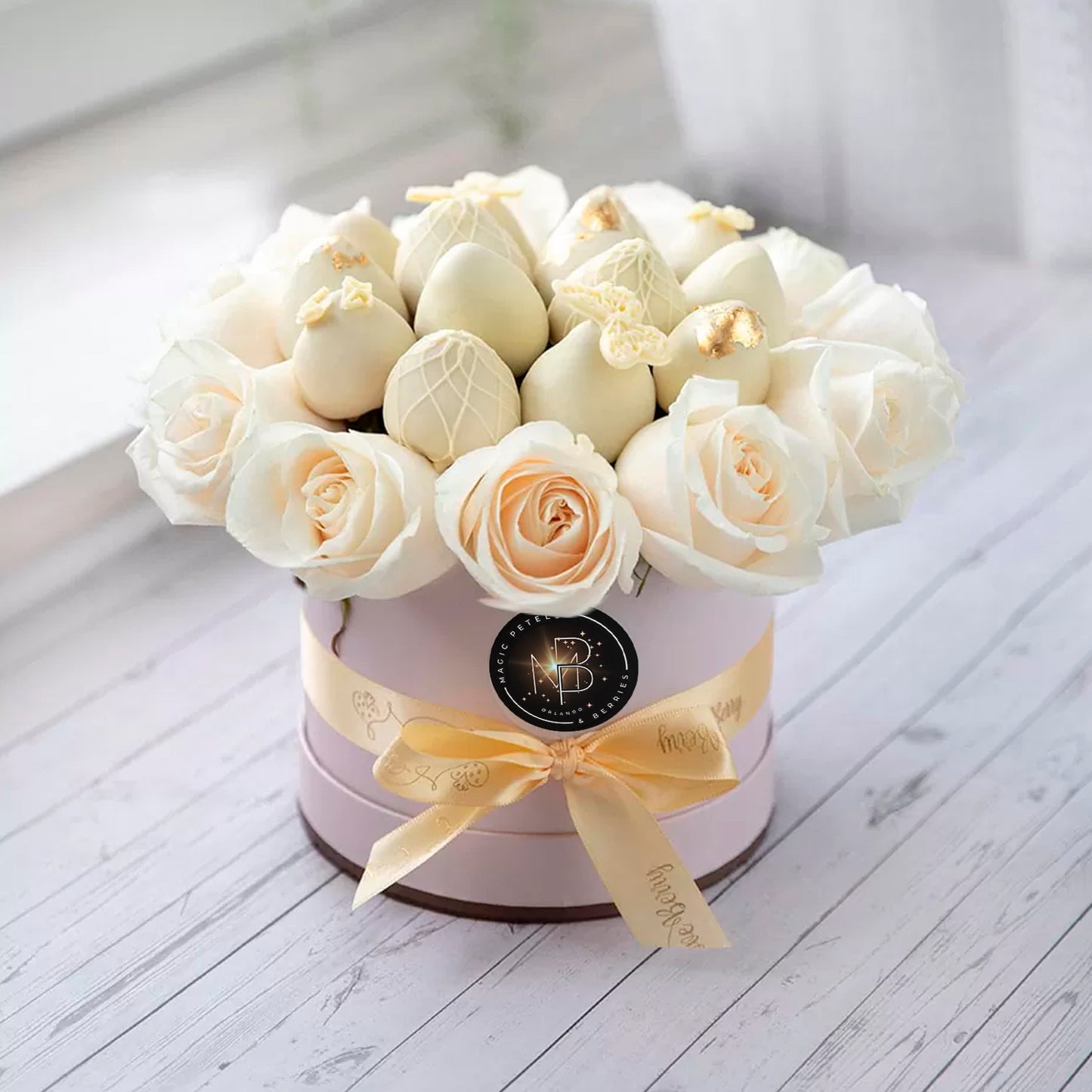Gold White Open Roses and Classic Belgian White Chocolate Covered Strawberries - ROUND BOXES
