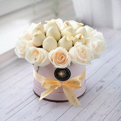 Gold White Open Roses and Classic Belgian White Chocolate Covered Strawberries - ROUND BOXES