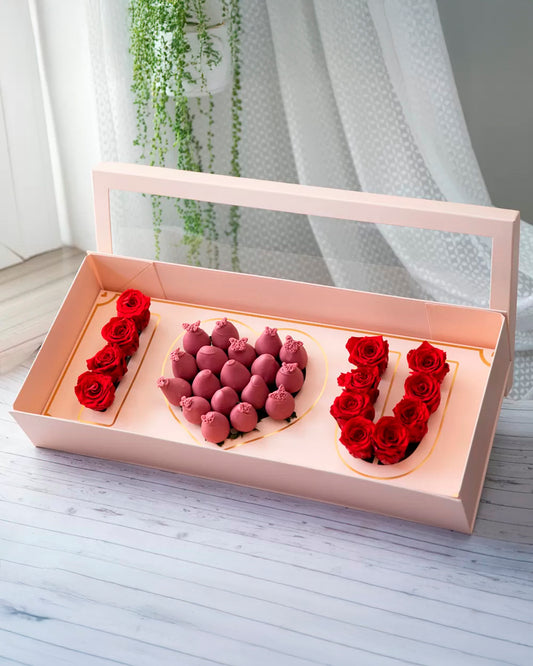 Box of Love strawberries and Roses
