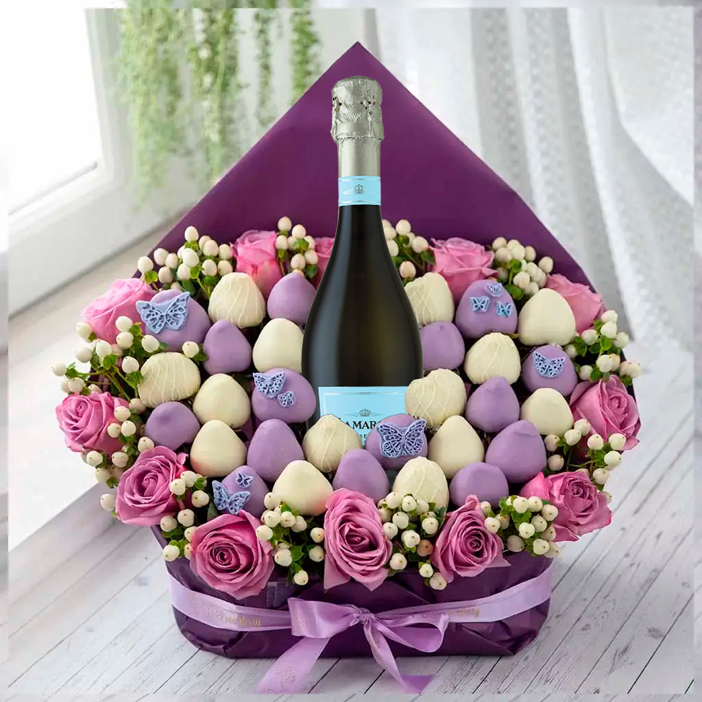 Purple Belgian chocolate-covered strawberry bouquets and a bottle of exclusive