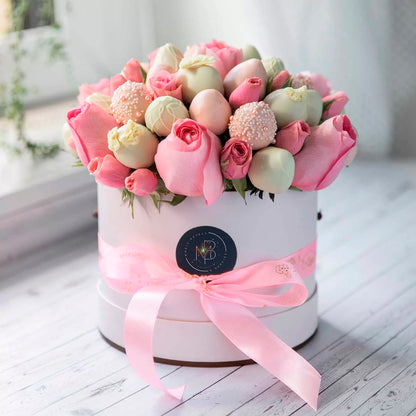 Elegant  Pink Roses and Pink Drizzle Chocolate Covered Strawberries Chocolate - ROUND BOXES