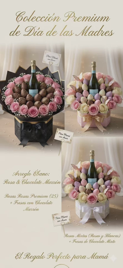 Pink caramel box Roses and Pink Drizzle Chocolate Covered Strawberries Chocolate, Mother's Day Collection